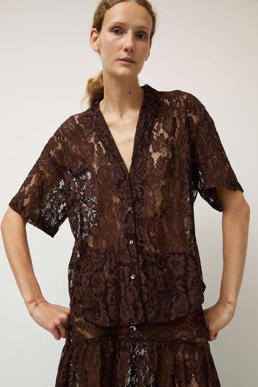 A Bronze Age Romeo Top in Americano Lace