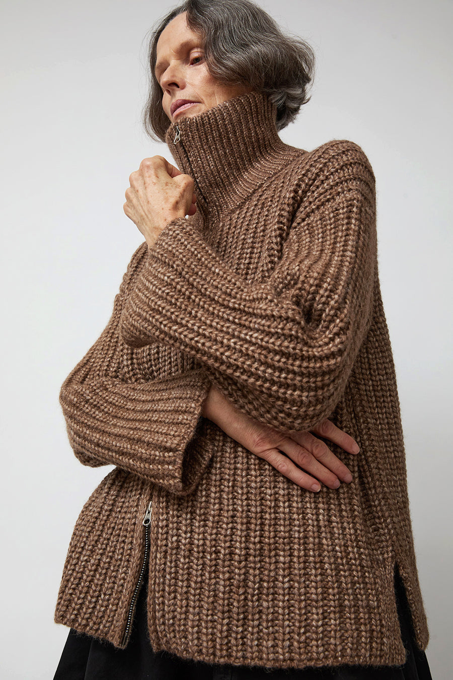 Atelier Delphine Baby Alpaca Pima Cotton Zip-Up Cardi in Brown