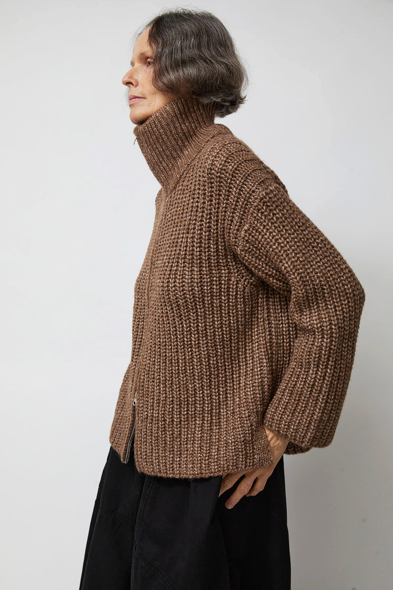 Atelier Delphine Baby Alpaca Pima Cotton Zip-Up Cardi in Brown