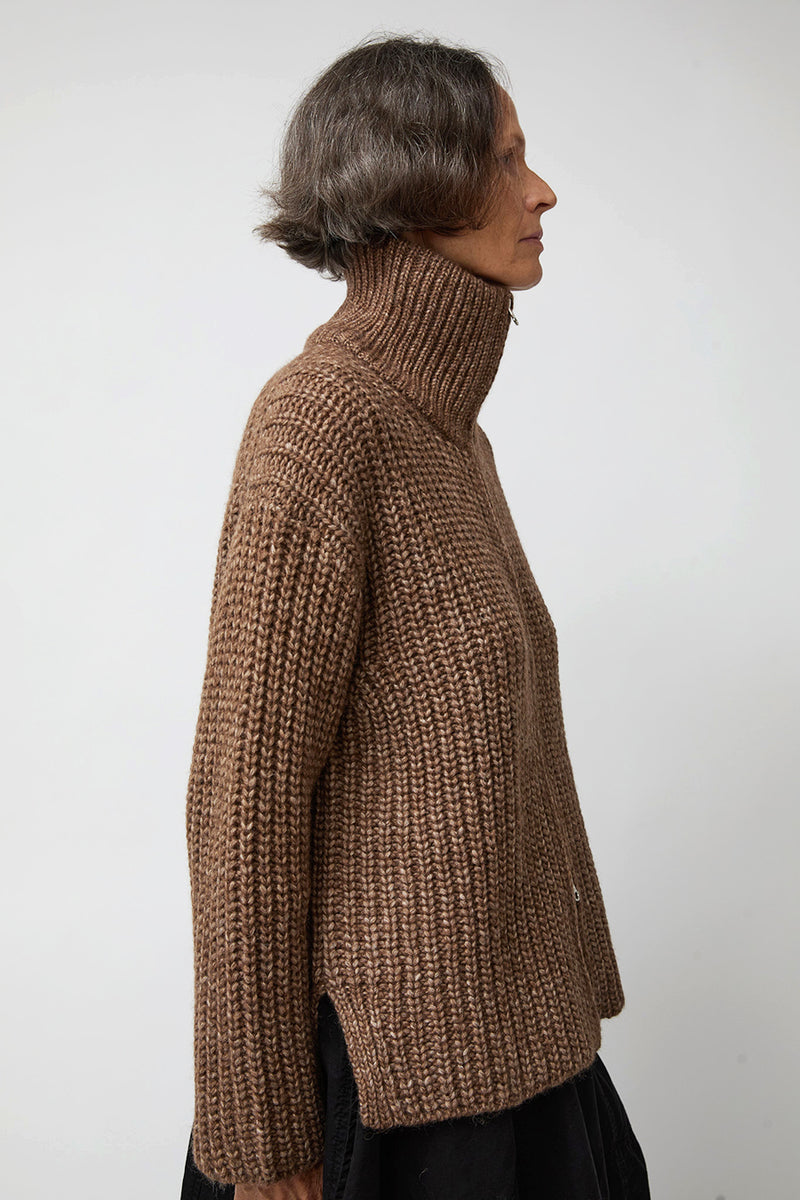 Atelier Delphine Baby Alpaca Pima Cotton Zip-Up Cardi in Brown