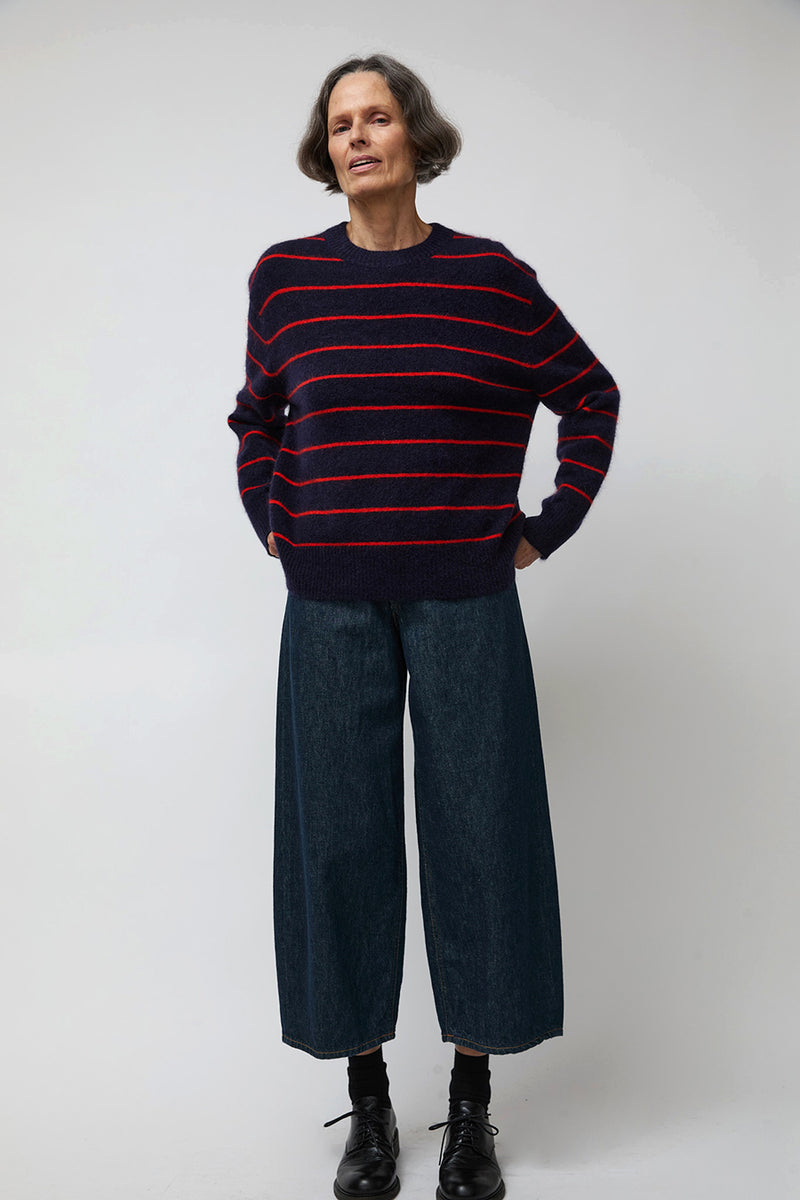 Ali Golden Oversized Mohair Pullover in Navy and Poppy Stripe