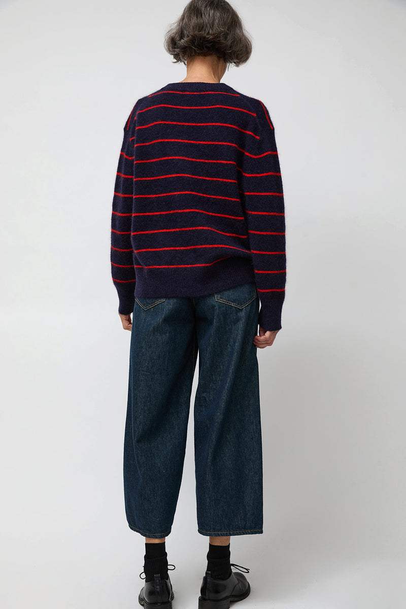 Ali Golden Oversized Mohair Pullover in Navy and Poppy Stripe