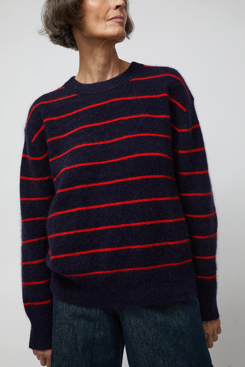 Ali Golden Oversized Mohair Pullover in Navy and Poppy Stripe