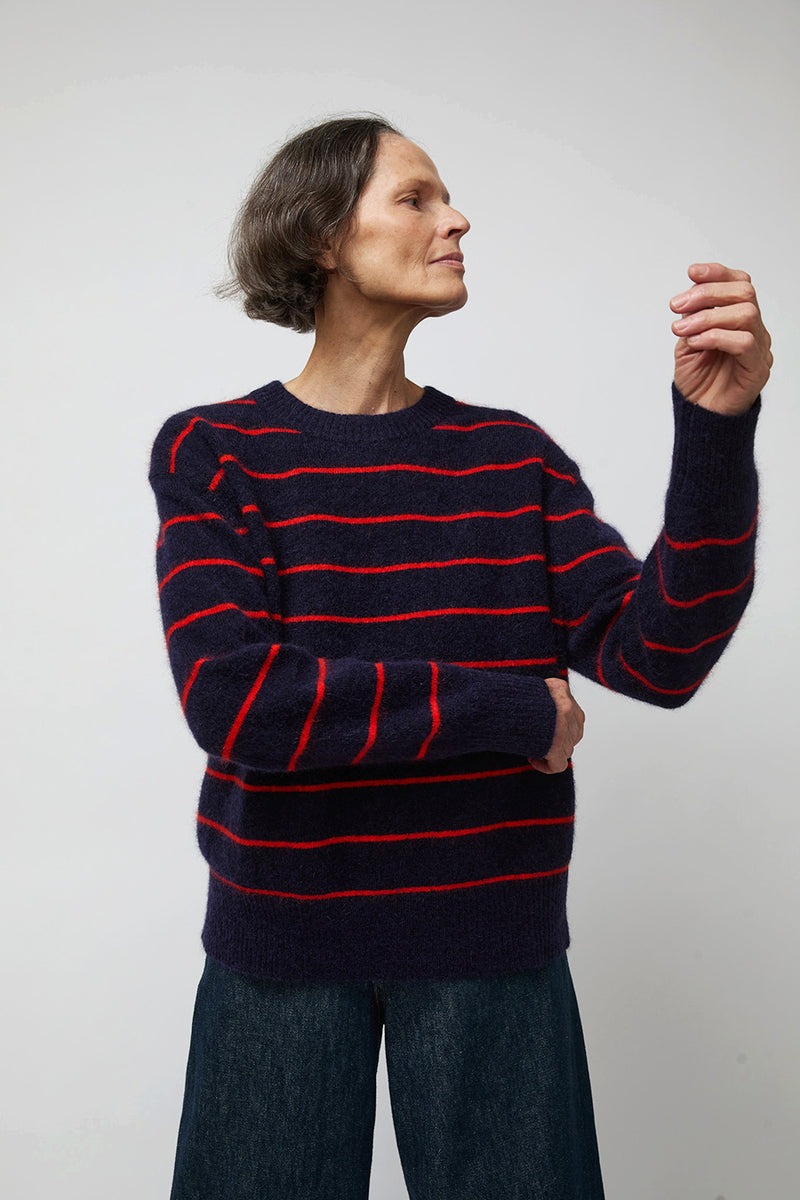 Ali Golden Oversized Mohair Pullover in Navy and Poppy Stripe