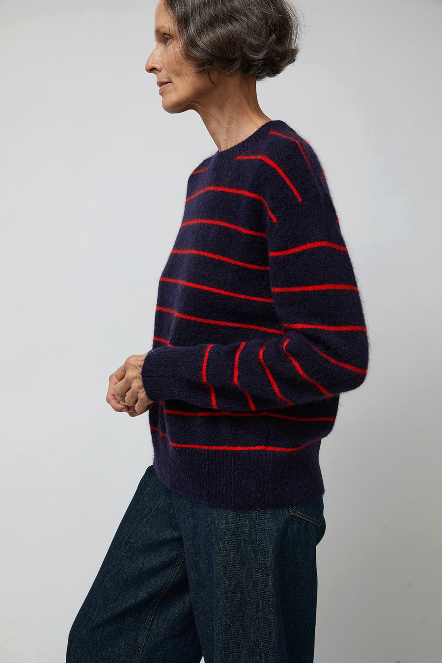 Ali Golden Oversized Mohair Pullover in Navy and Poppy Stripe