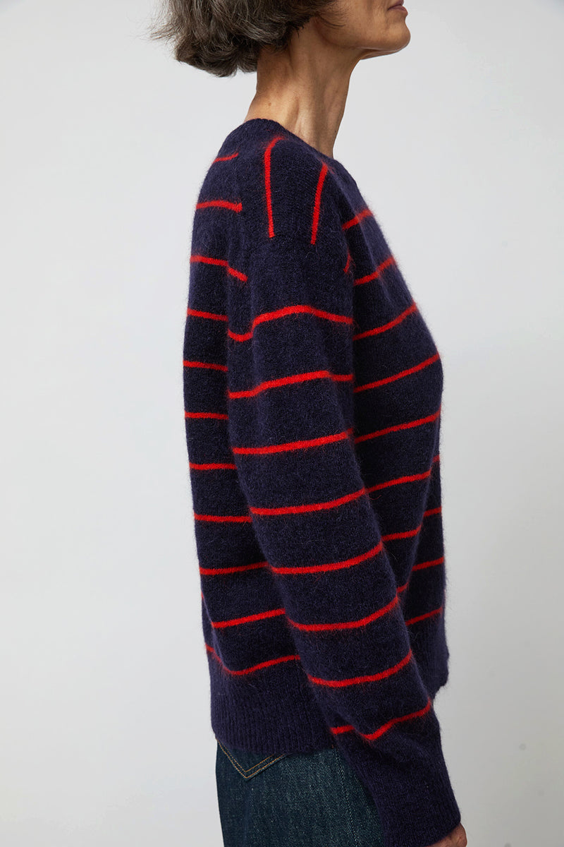 Ali Golden Oversized Mohair Pullover in Navy and Poppy Stripe