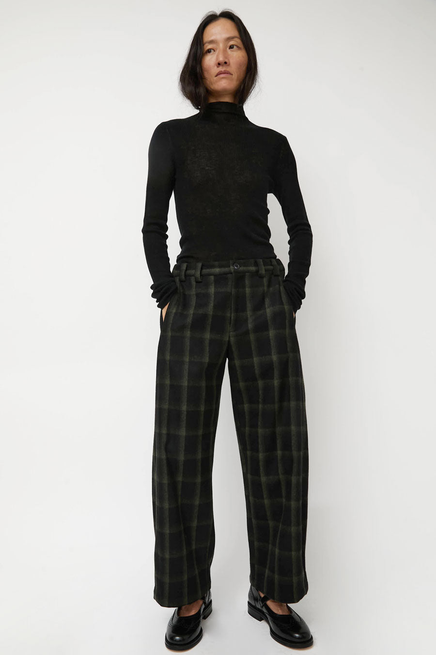 No.6 Justin Pant in Black and Olive Plaid