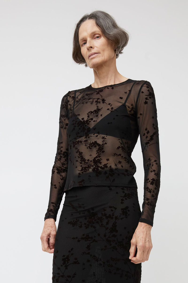 Ali Golden Floral Mesh LS Top in Black and Brown Floral