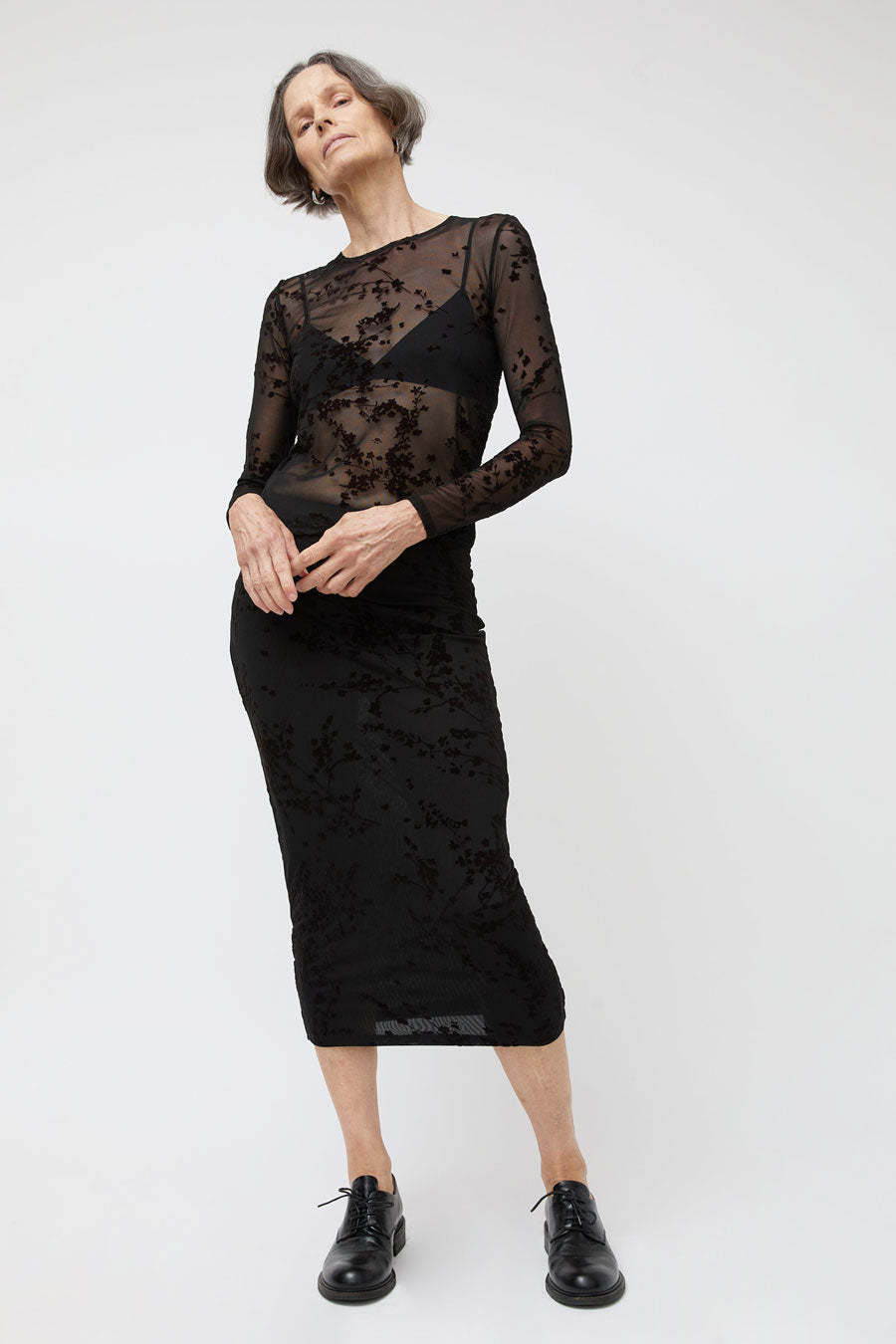 Ali Golden Floral Mesh LS Top in Black and Brown Floral