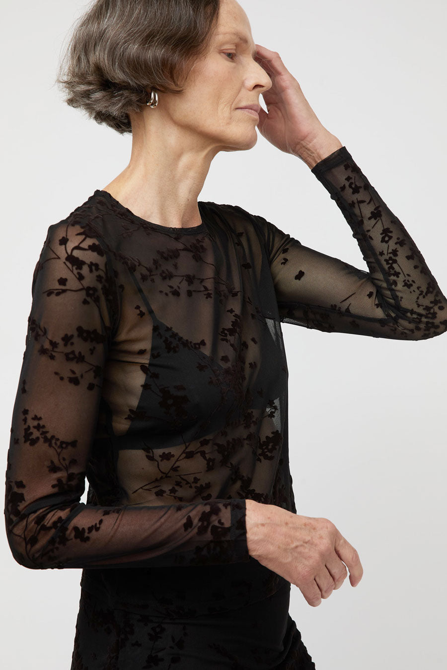 Ali Golden Floral Mesh LS Top in Black and Brown Floral