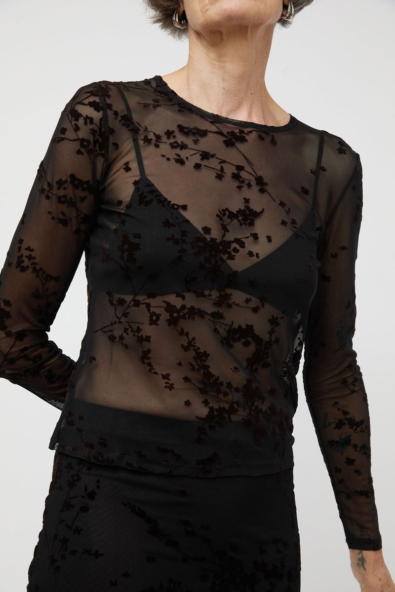 Ali Golden Floral Mesh LS Top in Black and Brown Floral