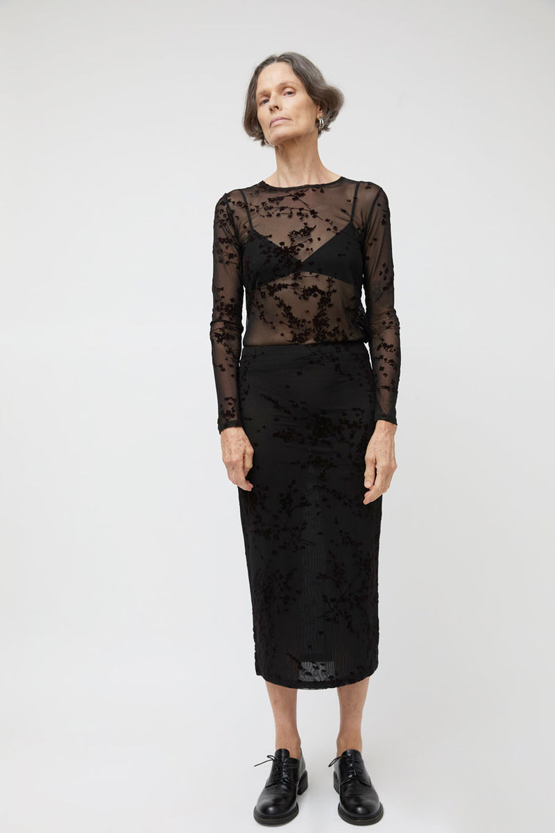 Ali Golden Floral Mesh LS Top in Black and Brown Floral