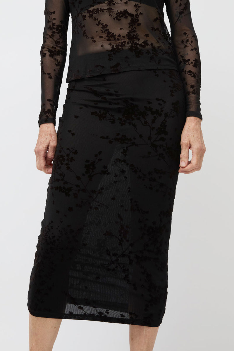 Ali Golden Floral Mesh Pencil Skirt in Black and Brown Floral