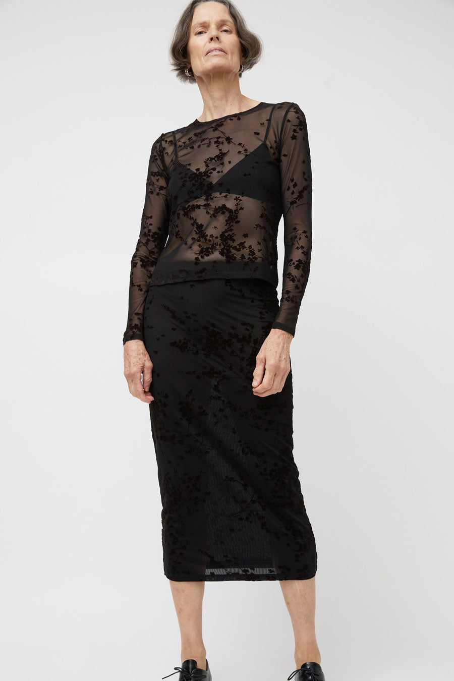 Ali Golden Floral Mesh Pencil Skirt in Black and Brown Floral