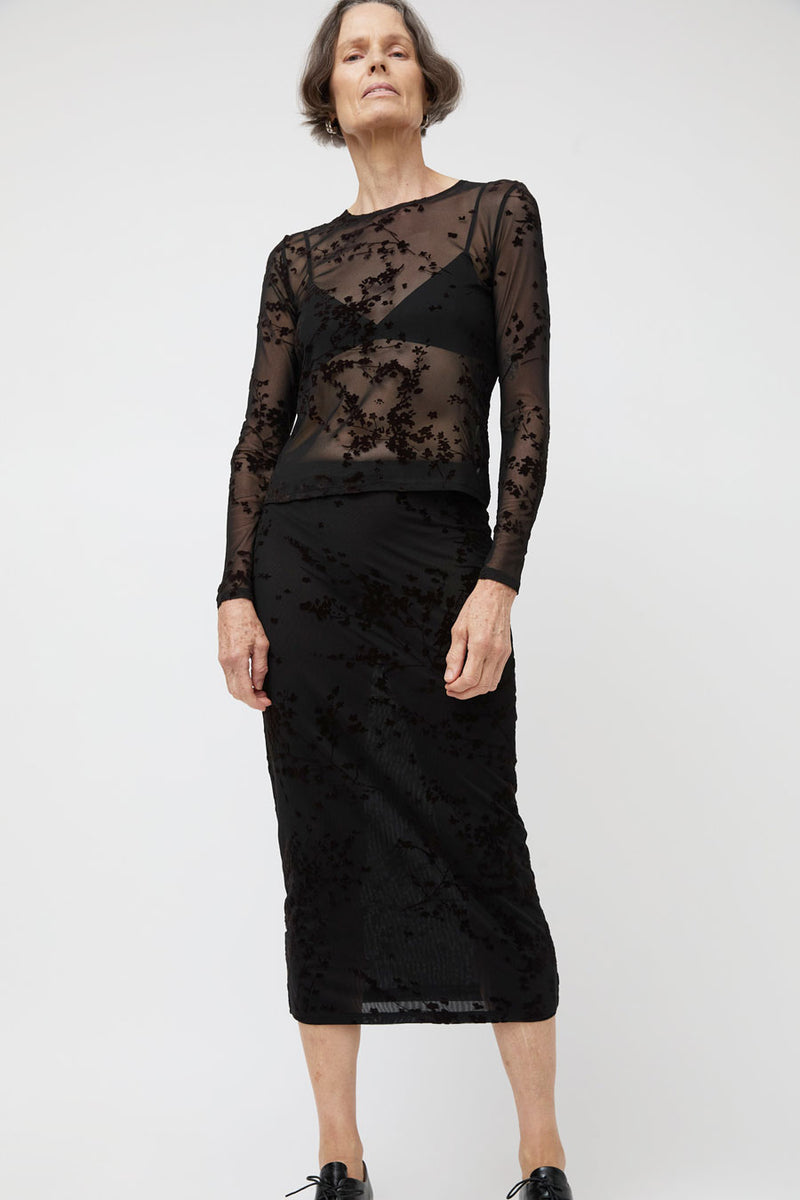 Ali Golden Floral Mesh Pencil Skirt in Black and Brown Floral