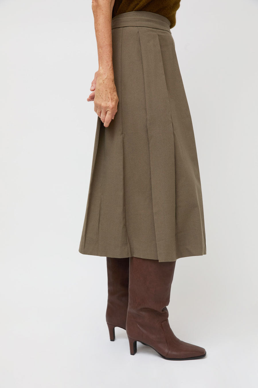 Ali Golden Midi Pleated Wrap Skirt in Taupe