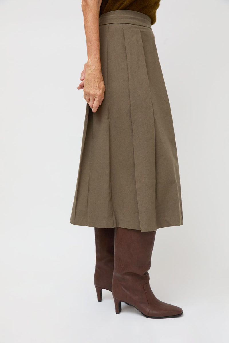 Ali Golden Midi Pleated Wrap Skirt in Taupe