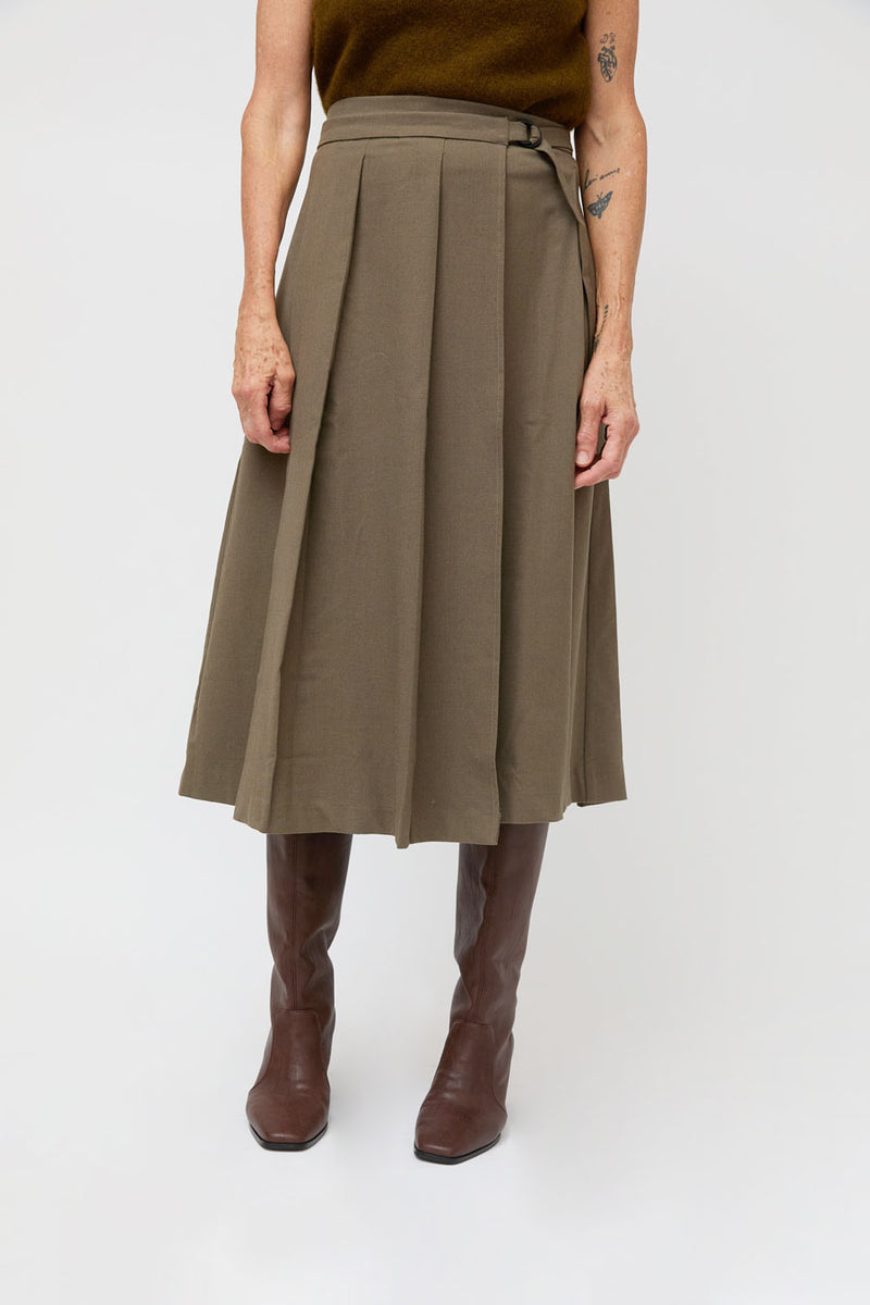 Ali Golden Midi Pleated Wrap Skirt in Taupe