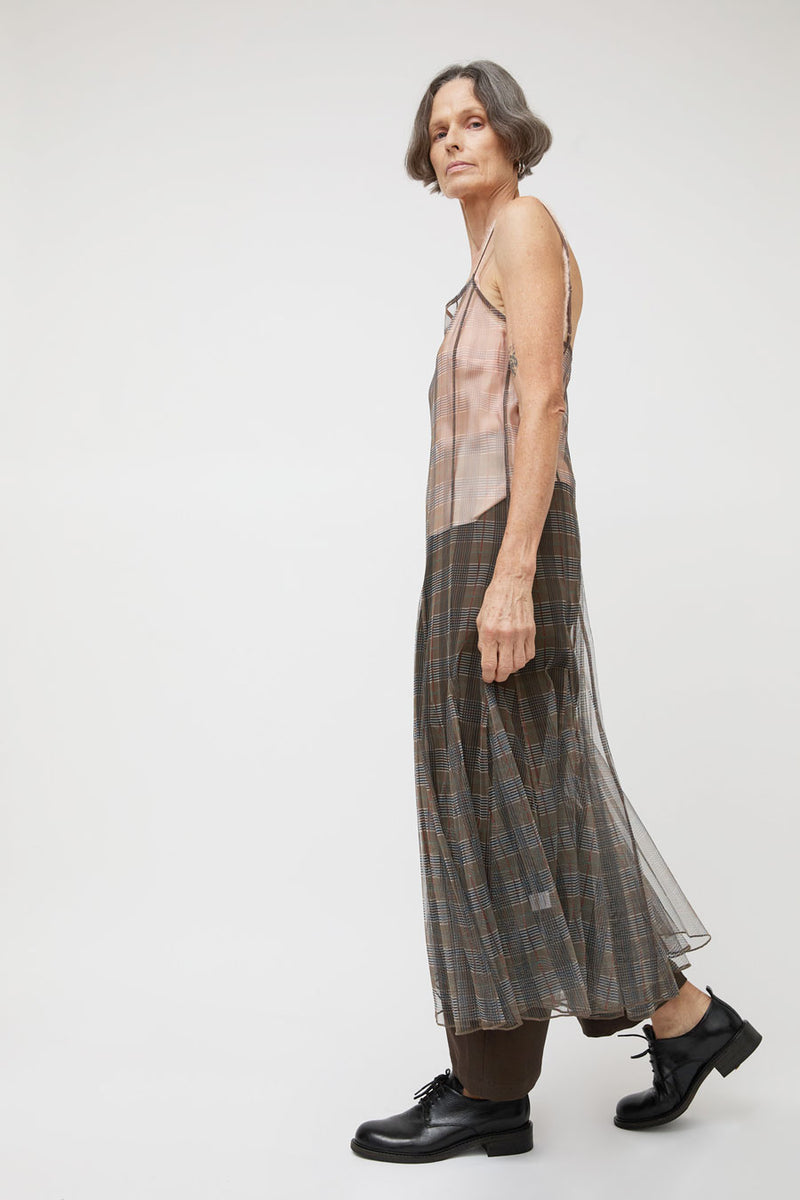 Ali Golden New Paneled Mesh Dress in Neutral Plaid