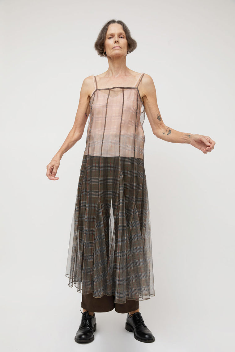 Ali Golden New Paneled Mesh Dress in Neutral Plaid