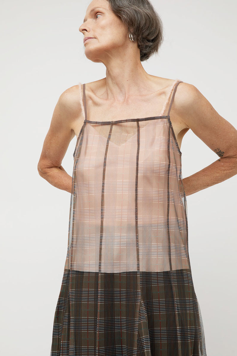 Ali Golden New Paneled Mesh Dress in Neutral Plaid