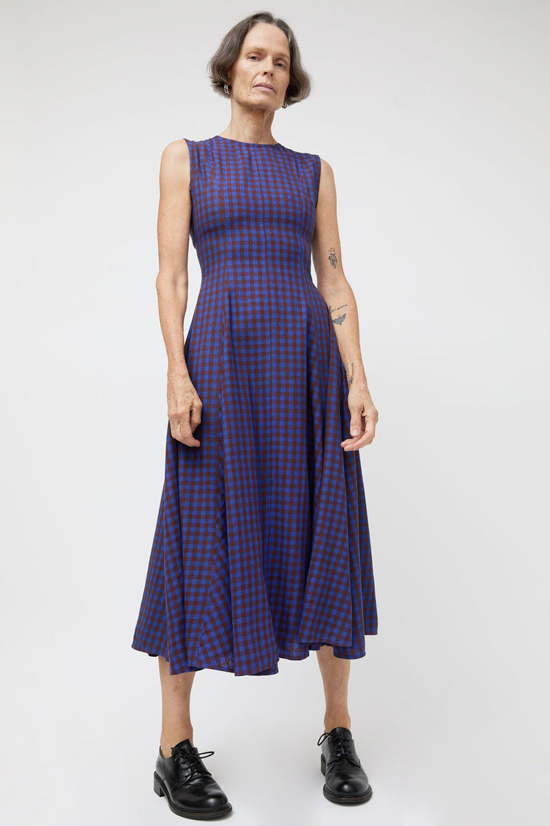 Ali Golden Paneled Midi Dress in Rust and Cobalt Gingham
