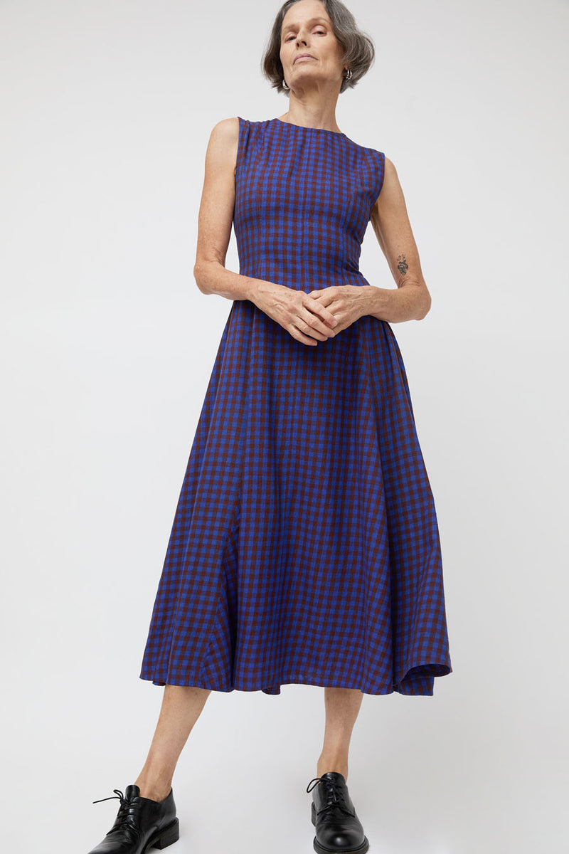 Ali Golden Paneled Midi Dress in Rust and Cobalt Gingham
