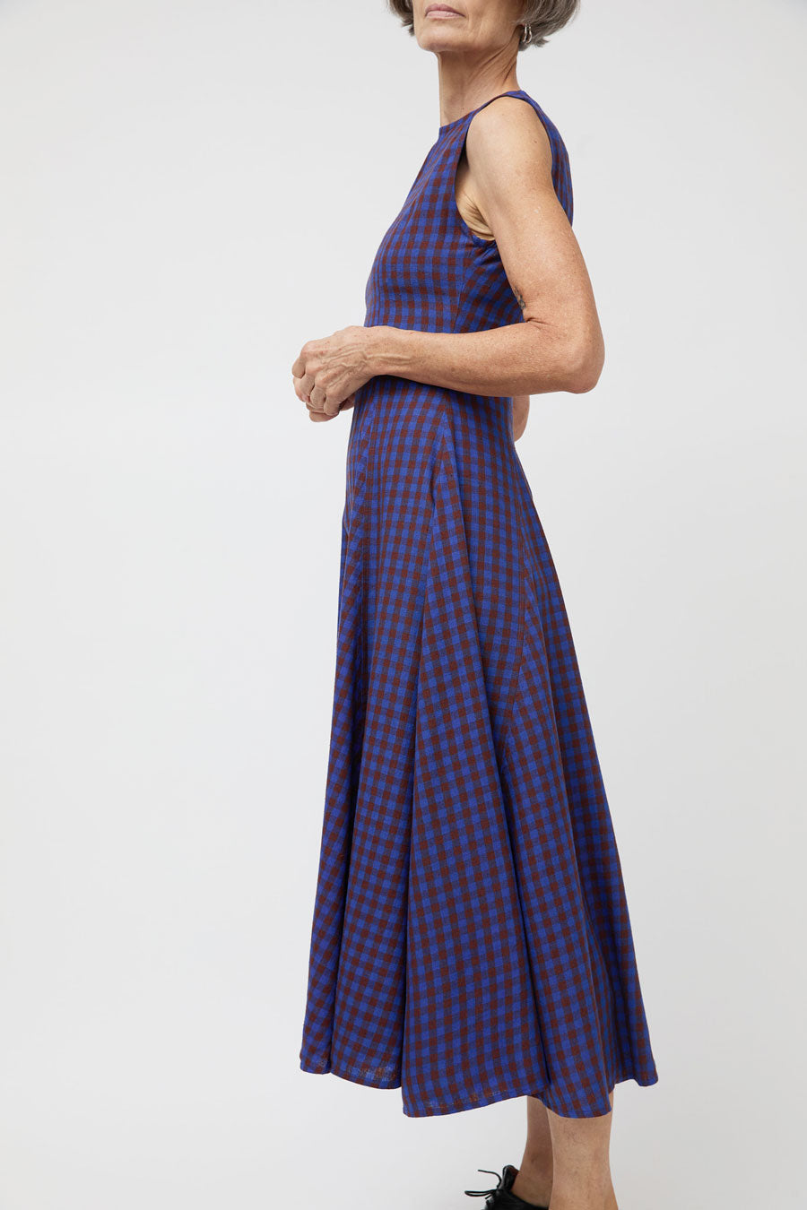 Ali Golden Paneled Midi Dress in Rust and Cobalt Gingham