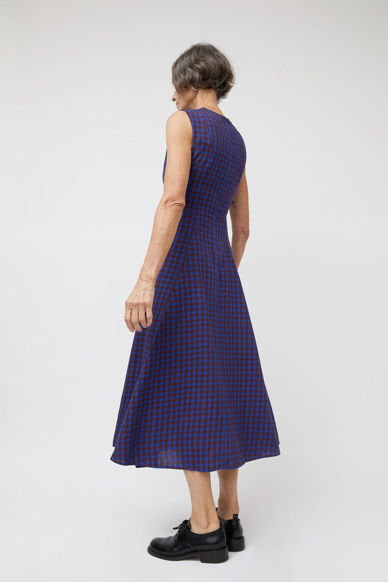 Ali Golden Paneled Midi Dress in Rust and Cobalt Gingham