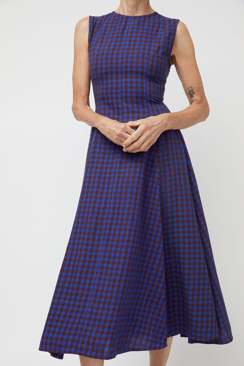 Ali Golden Paneled Midi Dress in Rust and Cobalt Gingham