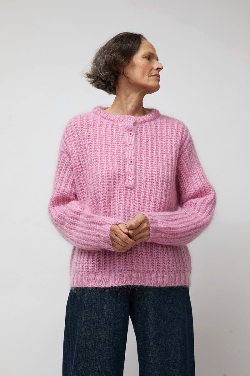 Ali Golden Oversized Pullover with Placket in Pink