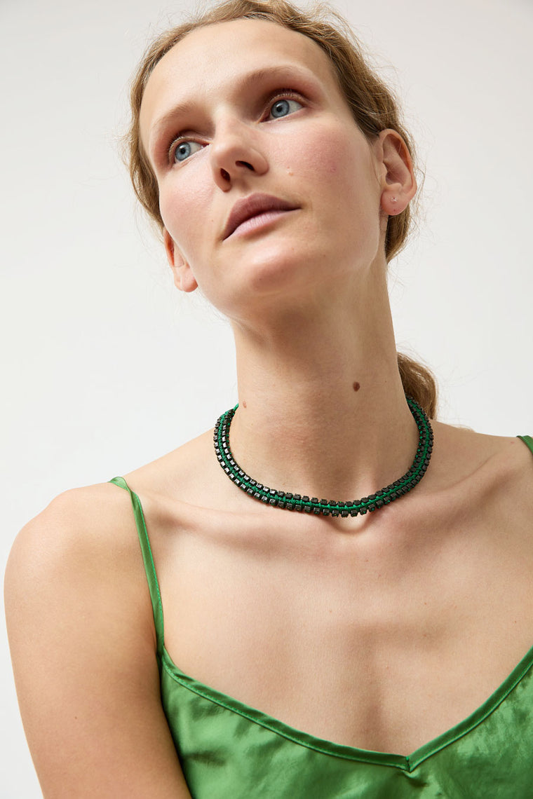 Alyssa Norton Double Row Silk Wrapped Rhinestone Necklace in Green