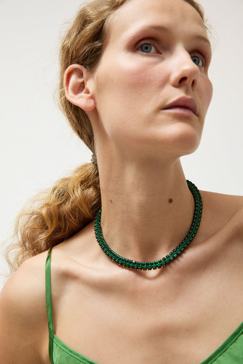 Alyssa Norton Double Row Silk Wrapped Rhinestone Necklace in Green