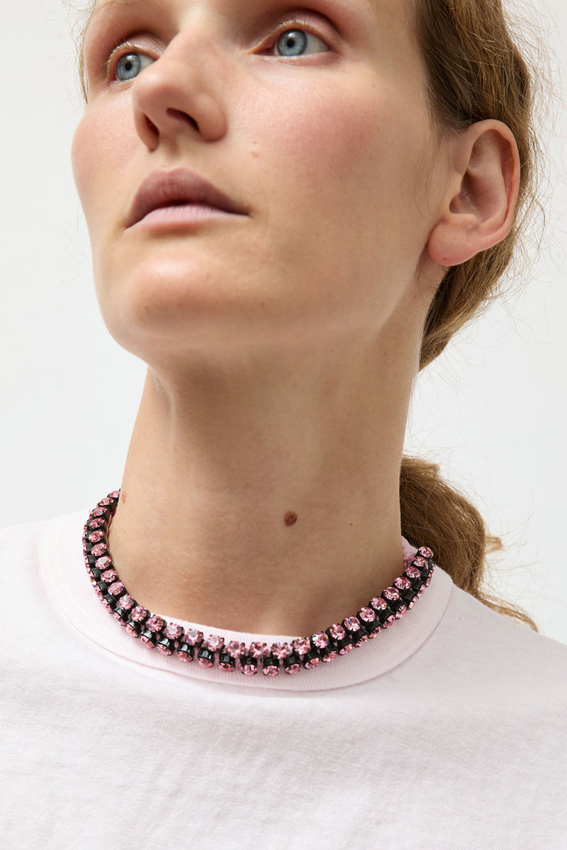 Alyssa Norton Double Row Silk Wrapped Rhinestone Necklace in Pink