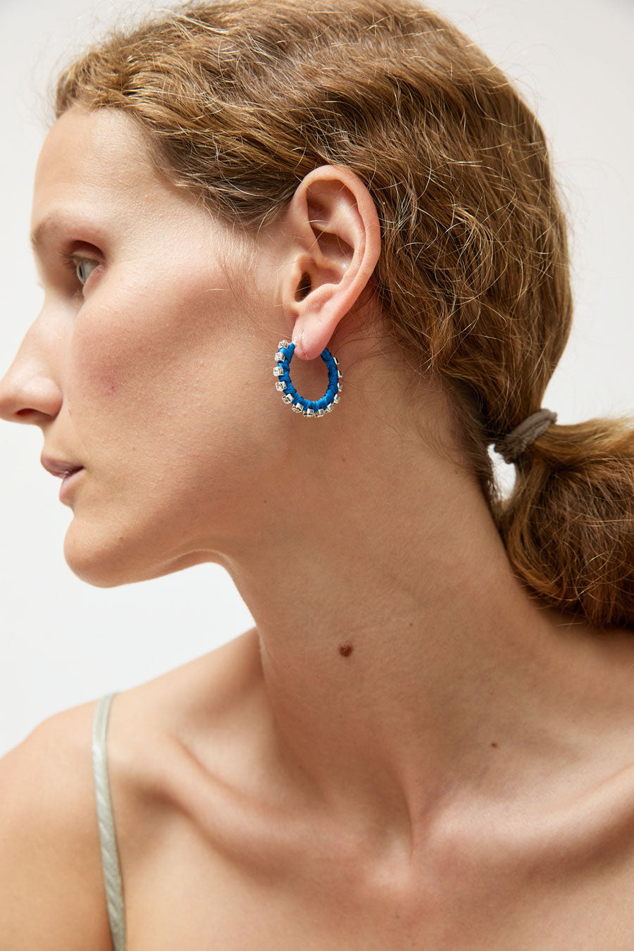 Alyssa Norton Small Silk Wrapped Rhinestone Hoops in Blue