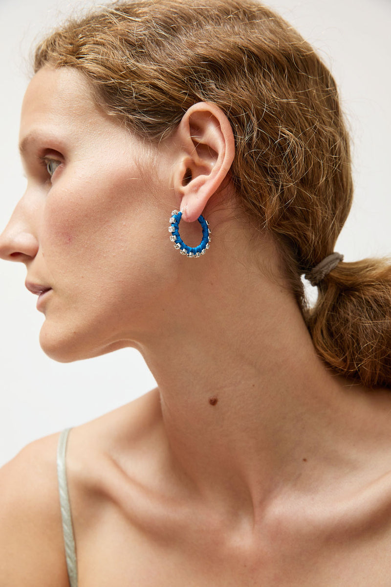 Alyssa Norton Small Silk Wrapped Rhinestone Hoops in Blue