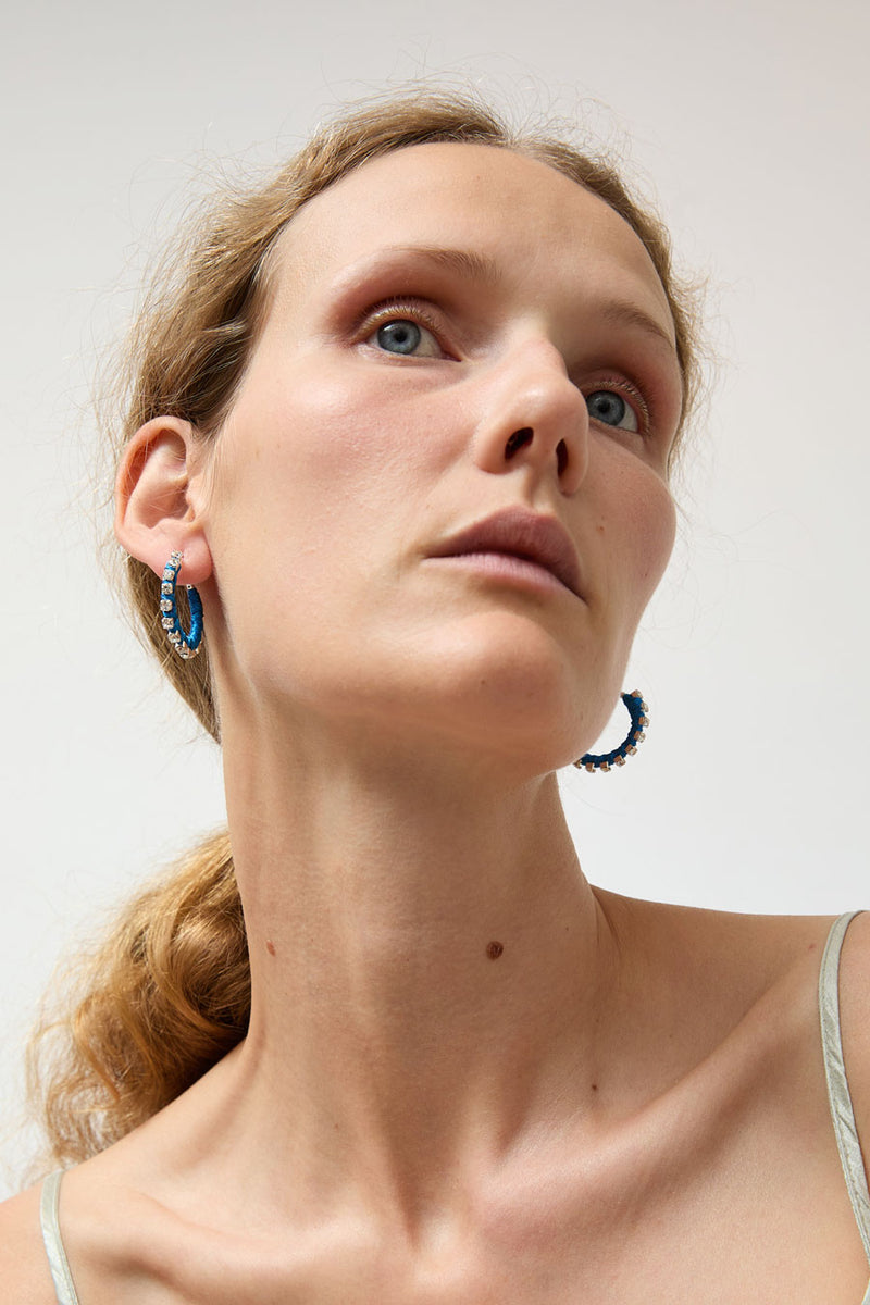 Alyssa Norton Small Silk Wrapped Rhinestone Hoops in Blue