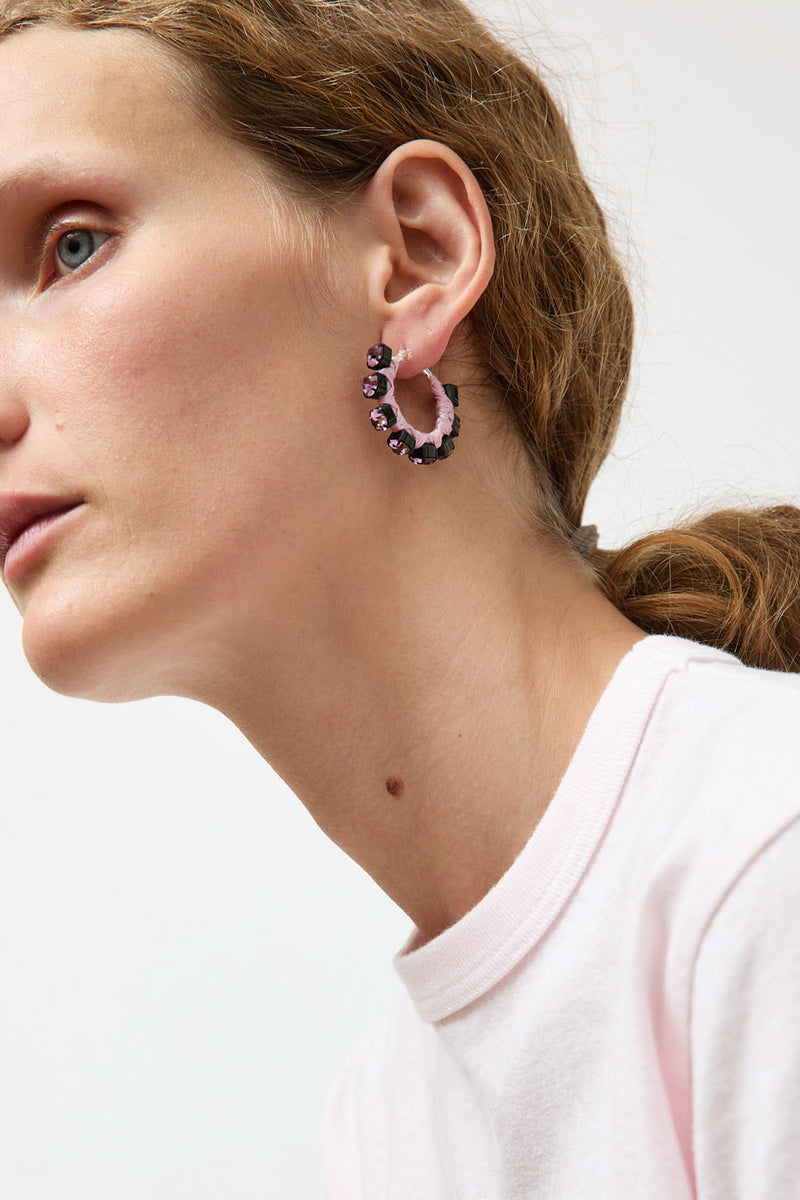 Alyssa Norton Small Silk Wrapped Rhinestone Hoops in Pink