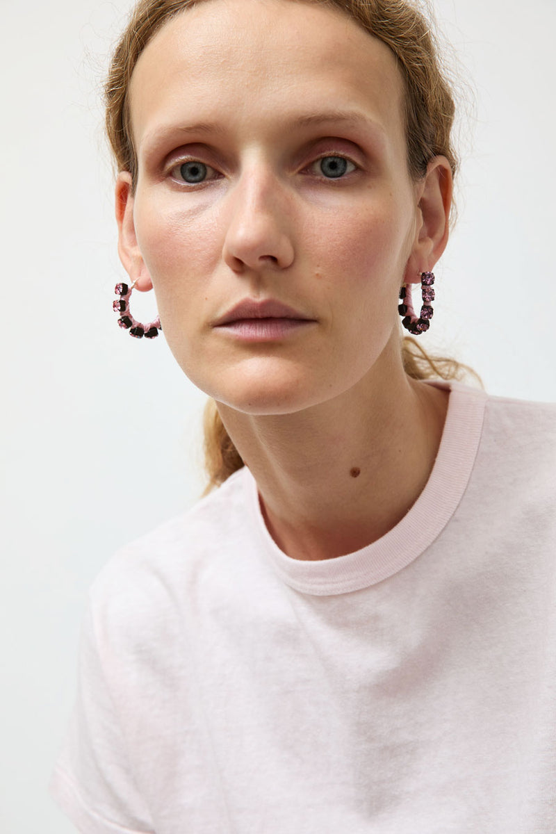 Alyssa Norton Small Silk Wrapped Rhinestone Hoops in Pink