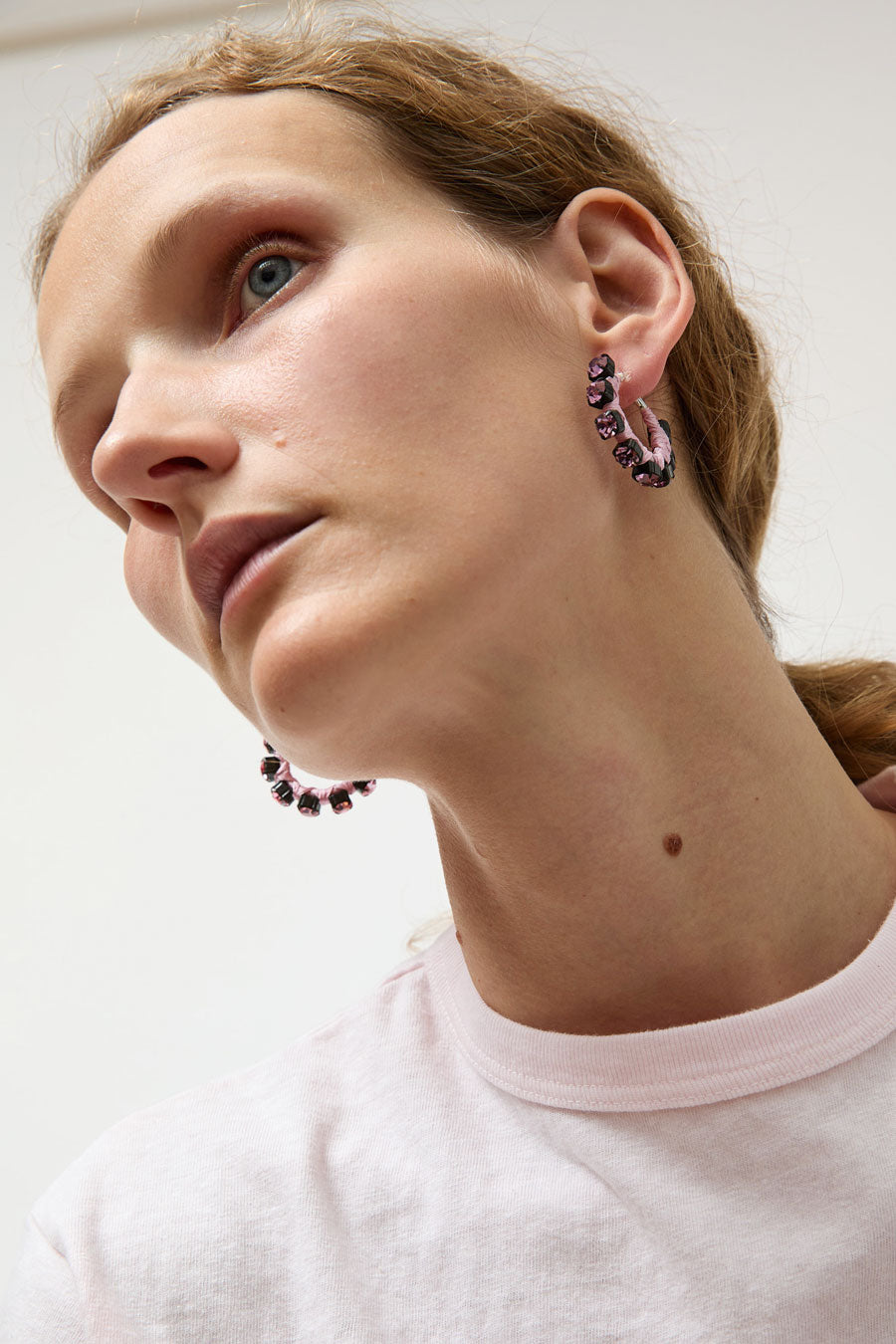 Alyssa Norton Small Silk Wrapped Rhinestone Hoops in Pink