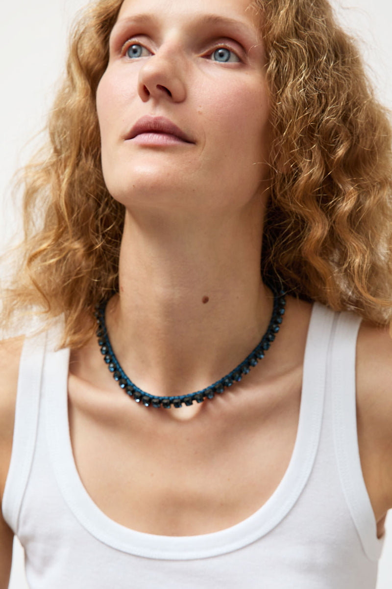 Alyssa Norton Single Row Silk Wrapped Rhinestone Necklace in Montana Blue