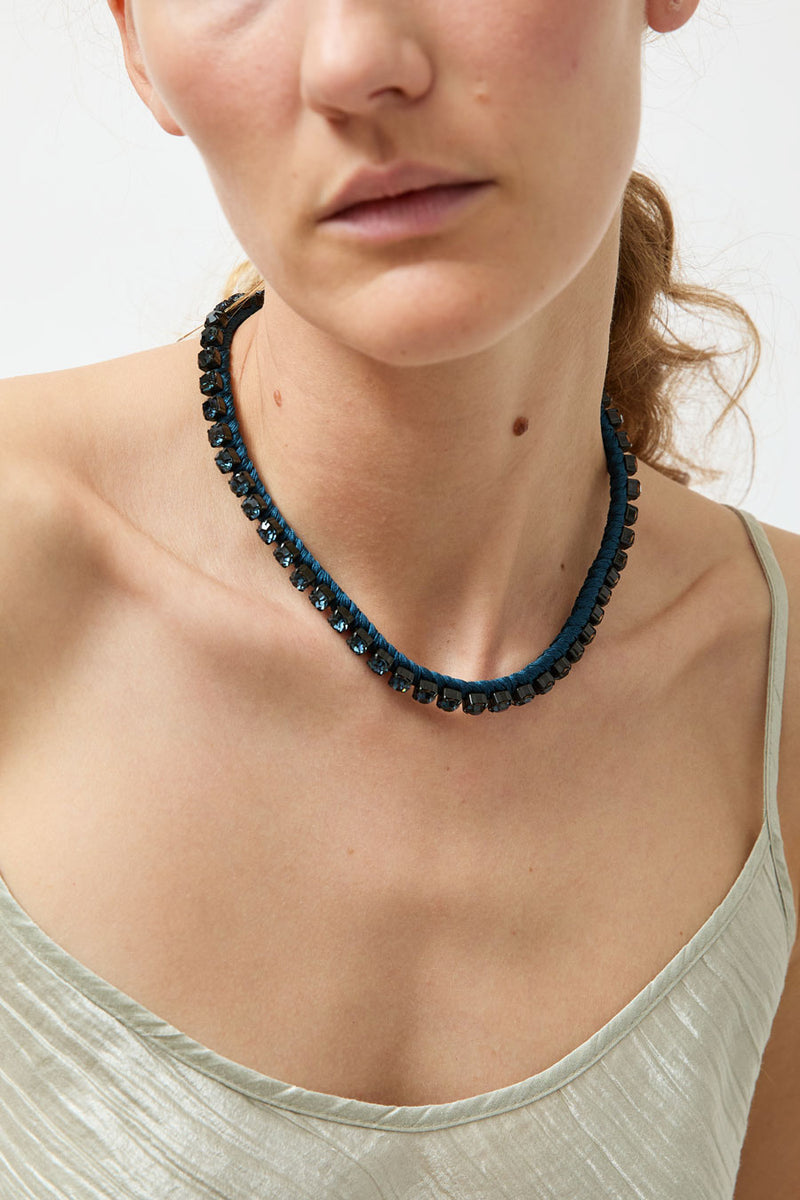 Alyssa Norton Single Row Silk Wrapped Rhinestone Necklace in Montana Blue
