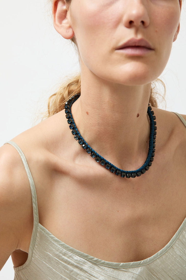Alyssa Norton Single Row Silk Wrapped Rhinestone Necklace in Montana Blue