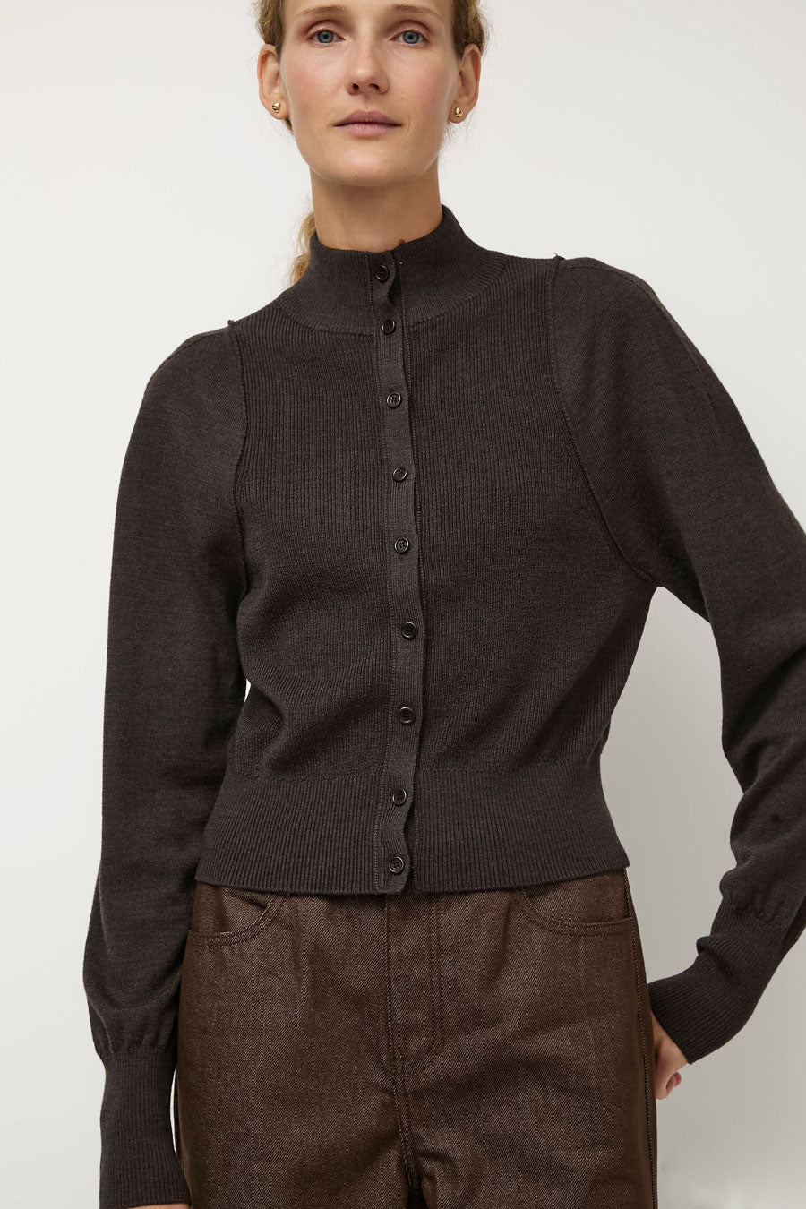 Amomento Blocking Button Up Cardigan in Dark Brown