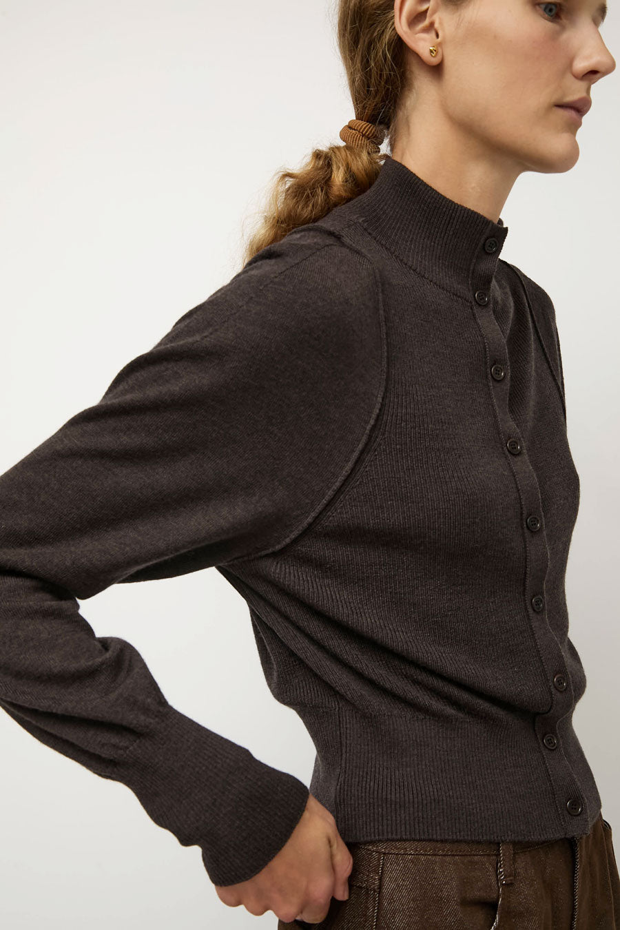 Amomento Blocking Button Up Cardigan in Dark Brown