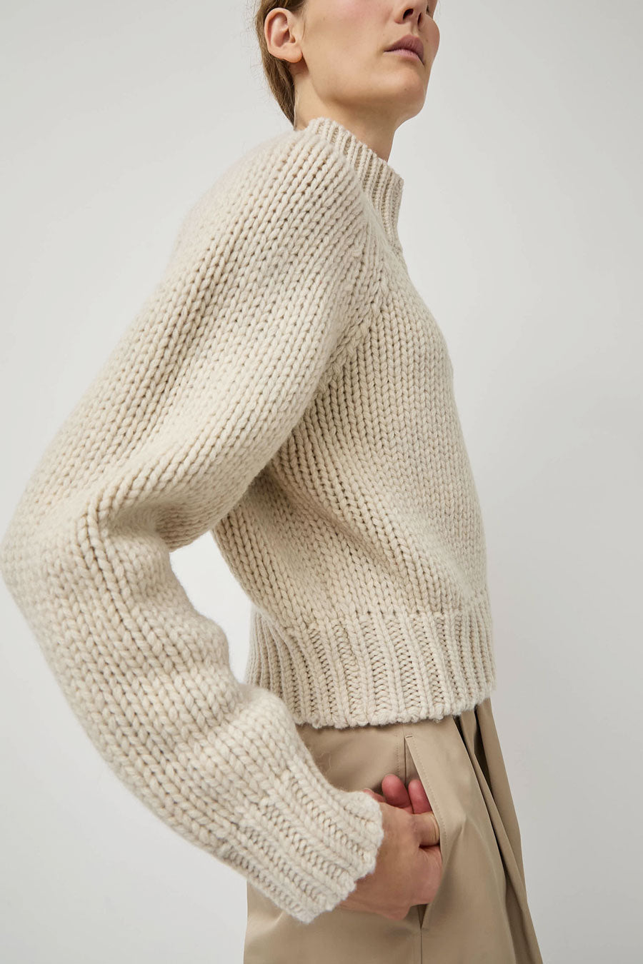 Amomento Hand Knitted Half Neck Pullover in Ecru