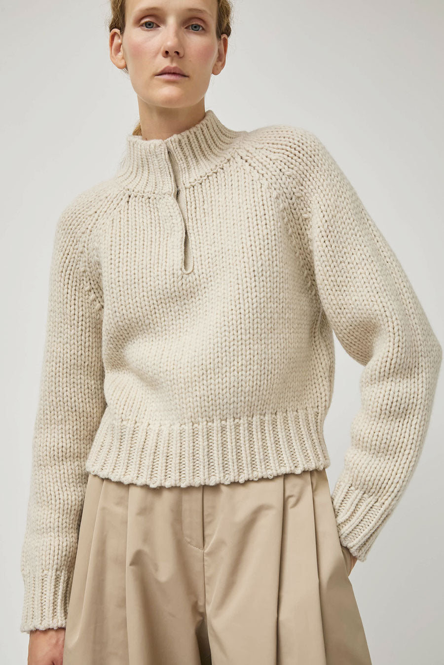 Amomento Hand Knitted Half Neck Pullover in Ecru