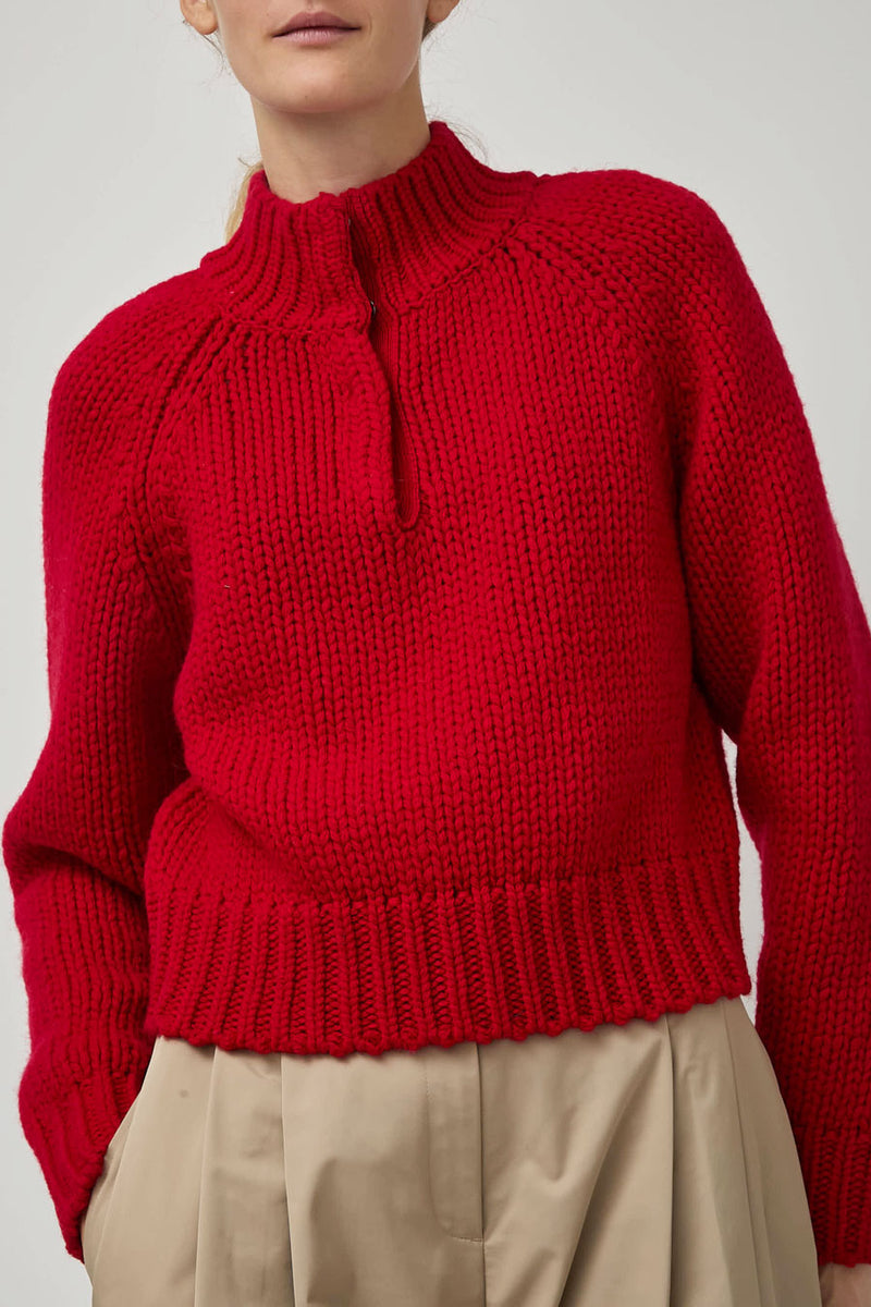 Amomento Hand Knitted Half Neck Pullover in Red