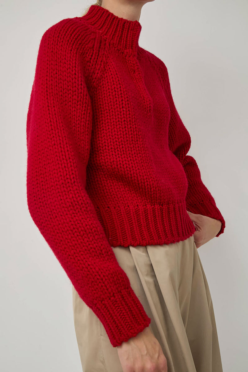 Amomento Hand Knitted Half Neck Pullover in Red