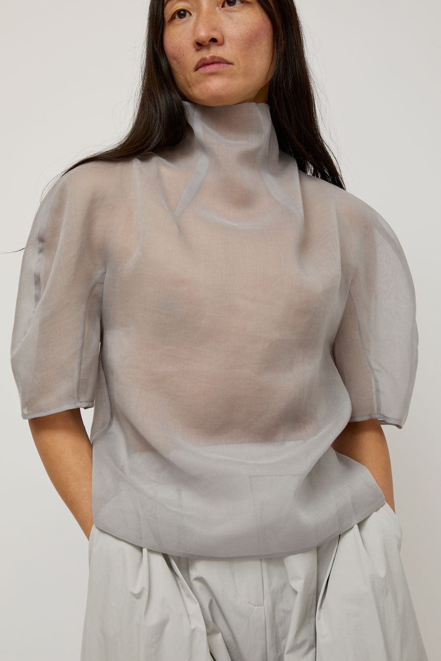 Amomento Knotted Collar Top in Grey